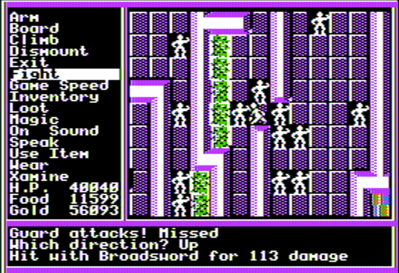 Questron II (Apple II) screenshot: Battle with Castle Guards