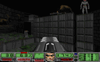 HacX (DOS) screenshot: A rather tough area with lots of monsters shooting from above.