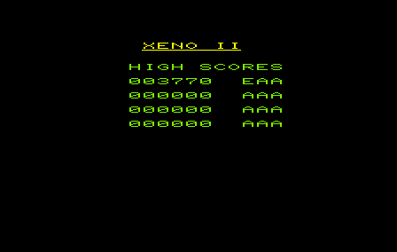 Xeno II (VIC-20) screenshot: High score table.