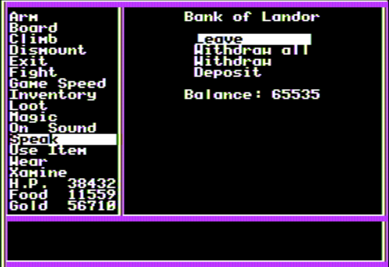 Questron II (Apple II) screenshot: Visiting the Bank