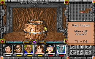 Might and Magic: Clouds of Xeen (DOS) screenshot: Ahh, a Might and Magic permanent attribute-raising barrel! Quickly: which attribute is raised by red?