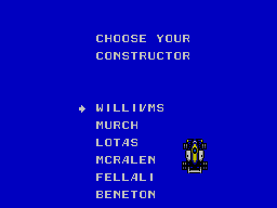 Super Racing (SEGA Master System) screenshot: Choosing the constructor. A preview of the car is shown.
