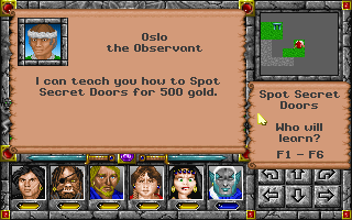 Might and Magic: Clouds of Xeen (DOS) screenshot: Various teachers are scattered around the game world and will teach you skills, some of which are very useful