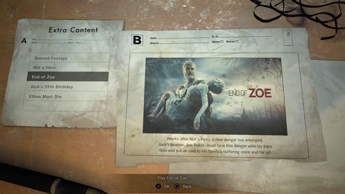 Resident Evil 7: Biohazard - End of Zoe (PlayStation 4) screenshot: Extra content select screen