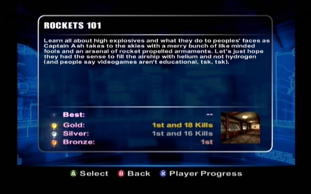 TimeSplitters: Future Perfect (Xbox) screenshot: The mini game info is as funny as it ever was