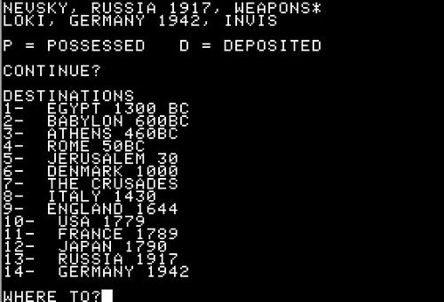 Time Traveler (Apple II) screenshot: 14 destinations - where to search first?