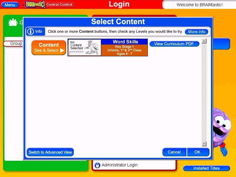 BRAINtastic! Word Skills Key Stage 1 (Windows) screenshot: The product is expandable, i.e. as other modules are purchased they can be integrated into one large package. Here there's just the one module installed