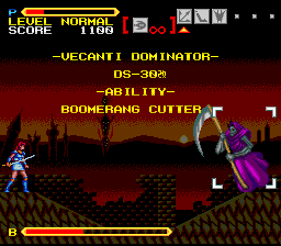 Super Valis IV (SNES) screenshot: The boss introduces himself politely