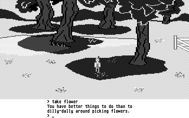 King's Quest II: Romancing the Throne (Atari ST) screenshot: Picking up monochrome flowers would not be the same anyway (Monochrome)