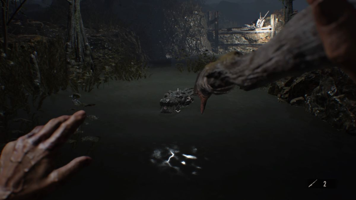 Resident Evil 7: Biohazard - End of Zoe (PlayStation 4) screenshot: Throwing a spear at a hungry looking alligator