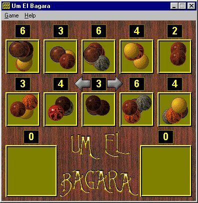 Um El Bagara (Windows) screenshot: The play area at the start of a game. The background and pieces can be changed as can the seed/piece distribution.