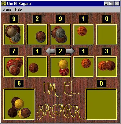 Um El Bagara (Windows) screenshot: A game that is underway. The areas to the left and right at the bottom of the screen are the player's home pits. The computer is winning.