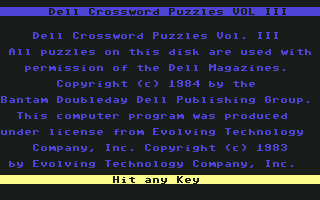 Dell Crossword Puzzles: Volume III (Commodore 64) screenshot: Title and license information