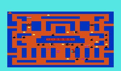 Garden Wars (VIC-20) screenshot: Collect the gold bars, shoot the enemies and be careful!