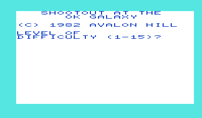 Shootout at the OK Galaxy (VIC-20) screenshot: Title screen and difficulty select.