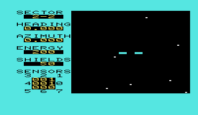 Shootout at the OK Galaxy (VIC-20) screenshot: The main screen is a first person pilot's view.