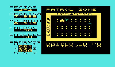 Shootout at the OK Galaxy (VIC-20) screenshot: The map shows your position as well as the positions of enemy raiders and your supply ship.