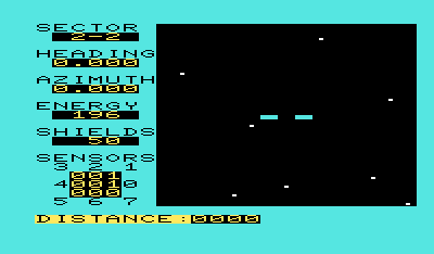 Shootout at the OK Galaxy (VIC-20) screenshot: To jump to other sectors you must set your azimuth to zero and choose your heading numerically.