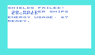 Shootout at the OK Galaxy (VIC-20) screenshot: When your shields run out it's game over.