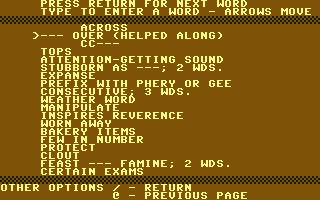 Dell Crossword Puzzles: Volume III (Commodore 64) screenshot: Examining the clue list