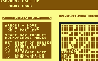 Dell Crossword Puzzles: Volume III (Commodore 64) screenshot: Solving the puzzle in progress