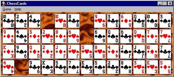 ChessCards (Windows) screenshot: The game area at the start of game. As the game progresses a timer is shown on the menu bar.