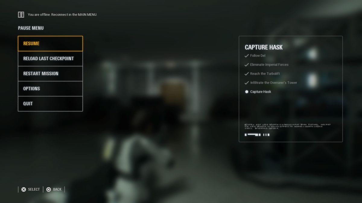 Star Wars: Battlefront II (PlayStation 4) screenshot: Pause menu contains mission objectives