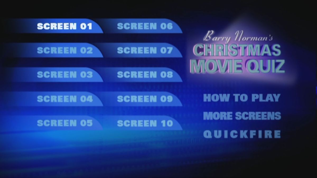 Barry Norman's Christmas Movie Quiz (DVD Player) screenshot: The game selection screen. Screens 01 to 20 are the multiplayer quizzes, while Quickfire is the single player option