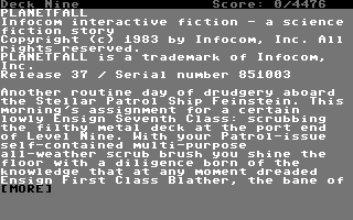 Planetfall (Commodore 64) screenshot: Introduction from the 1984 "grey" release.