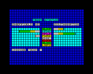 Advanced Soccer Simulator (ZX Spectrum) screenshot: Before each game you are shown the ratings of each team