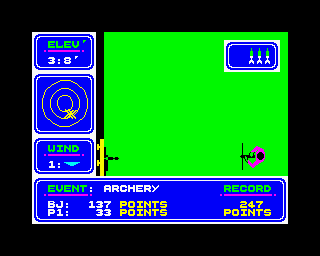 Brian Jacks Superstar Challenge (ZX Spectrum) screenshot: And now for Archery...just a bit more height on those Player 1