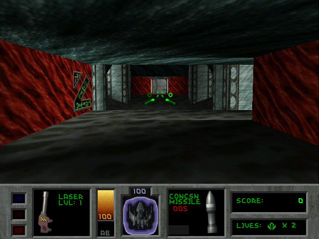 Descent II (DOS) screenshot: Game start (3Dfx Voodoo patch from Parallax/Interplay, running in DOSBox w/ nGlide).