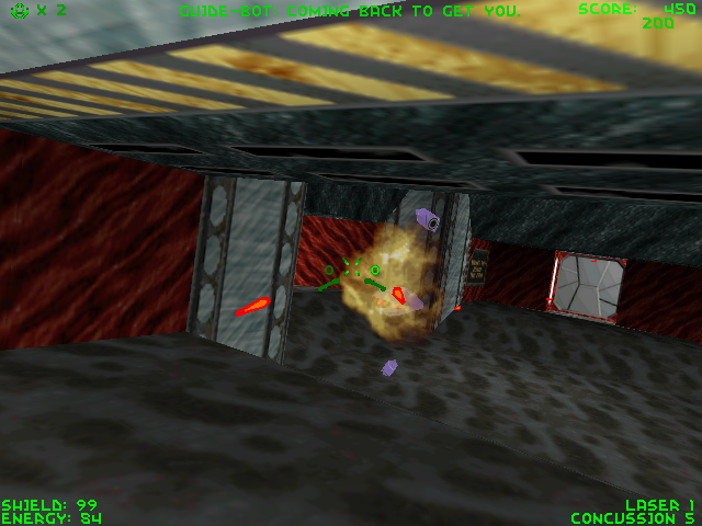 Descent II (DOS) screenshot: Transparent explosion (3Dfx patch from 3Dfx Interactive).