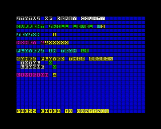Advanced Soccer Simulator (ZX Spectrum) screenshot: Your status screen showing how much money you have and how many players are in your squad