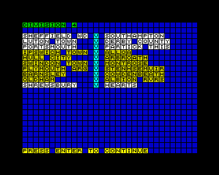 Advanced Soccer Simulator (ZX Spectrum) screenshot: The current week’s fixtures