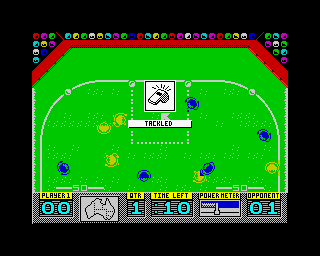 Australian Rules Football (ZX Spectrum) screenshot: ...but it’s put to a halt with a crunching tackle!