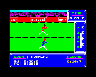 Brian Jacks Superstar Challenge (ZX Spectrum) screenshot: The running event in progress...playing Chariots of Fire in the background might be appropriate