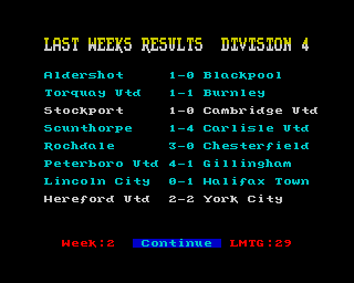 Multi-Player Soccer Manager (ZX Spectrum) screenshot: And this is the results screen from the main menu showing the results of last week's fixtures