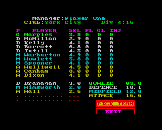 Multi-Player Soccer Manager (ZX Spectrum) screenshot: Your playing squad