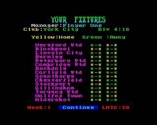 Multi-Player Soccer Manager (ZX Spectrum) screenshot: Your fixtures list showing who you'll be playing against during the season