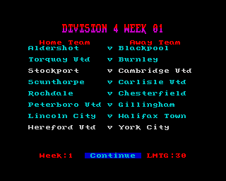 Multi-Player Soccer Manager (ZX Spectrum) screenshot: And here are the Division 4 fixtures for this week