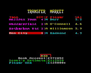Multi-Player Soccer Manager (ZX Spectrum) screenshot: Will this be enough to force Manchester City to sell Redmond?