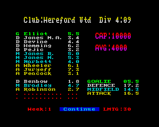 Multi-Player Soccer Manager (ZX Spectrum) screenshot: And here is data for Hereford United...honestly just how many Joneses does one team need?
