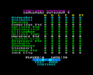 Multi-Player Soccer Manager (ZX Spectrum) screenshot: The Division 4 league table, this also allows you to view data of each team in the league