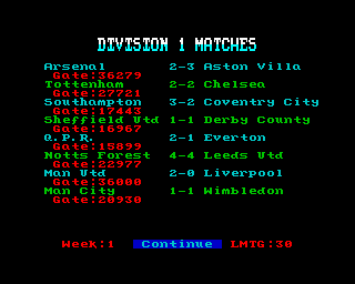 Multi-Player Soccer Manager (ZX Spectrum) screenshot: You view results from the other divisions, like here is Division 1...wow a 4-all thriller!
