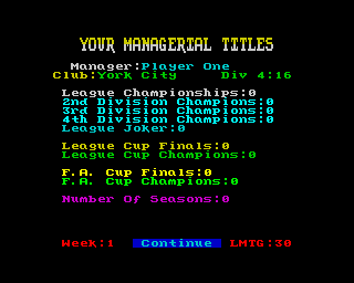 Multi-Player Soccer Manager (ZX Spectrum) screenshot: This shows the titles you've won throughout your career, including the illustrious League Joker