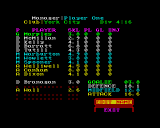 Multi-Player Soccer Manager (ZX Spectrum) screenshot: You can edit the names of your players so that even the best players can play for you team...and even Dad!