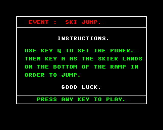 Alpine Games (ZX Spectrum) screenshot: Okay so Q sets the power and A launches my skier into the air, got it.