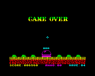 Aftermath (ZX Spectrum) screenshot: All the bases destroyed means it is game over