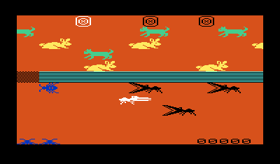 Menagerie (VIC-20) screenshot: Guide your bug up the screen. Avoid the animals on the bottom half as they will eat you.